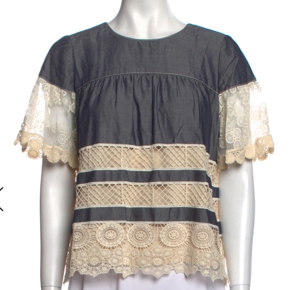 Anna Sui Tops - Anna Sui Lace Banded Chambray Short Sleeve Blouse